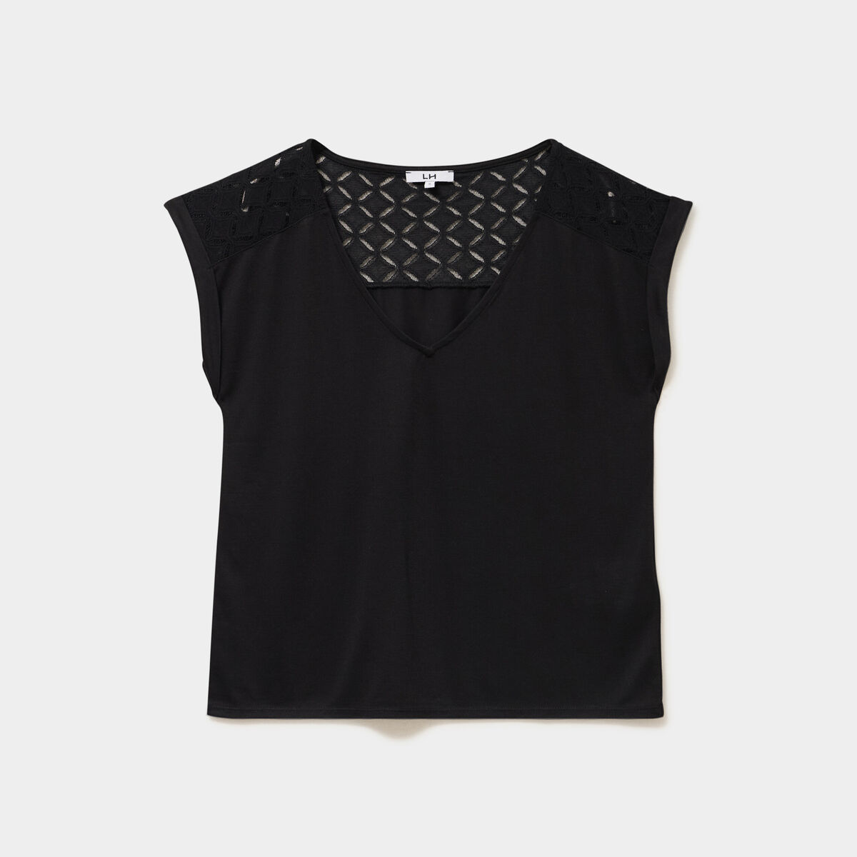 T-shirt col en V ajour&eacute; &eacute;paules et dos noir femme