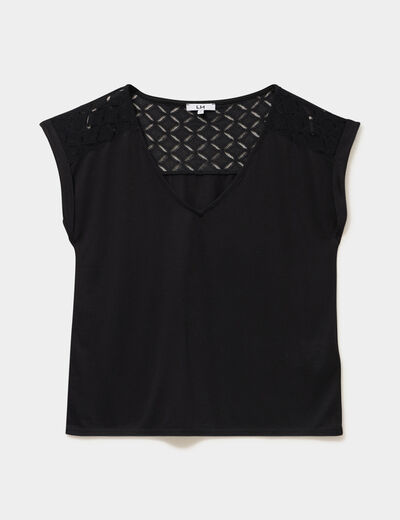 T-shirt col en V ajour&eacute; &eacute;paules et dos noir femme