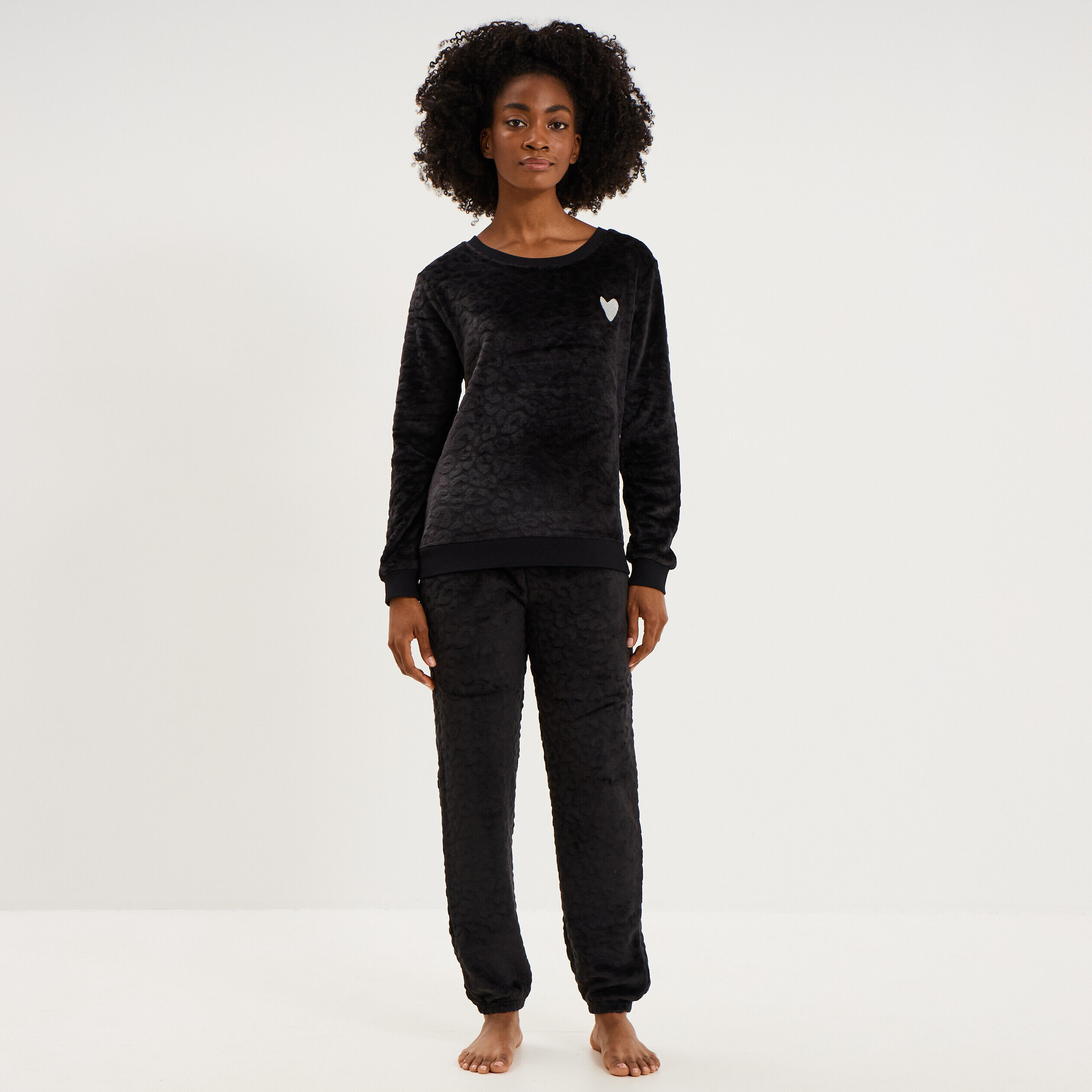 Ensemble pyjama effet polaire col rond noir femme LH