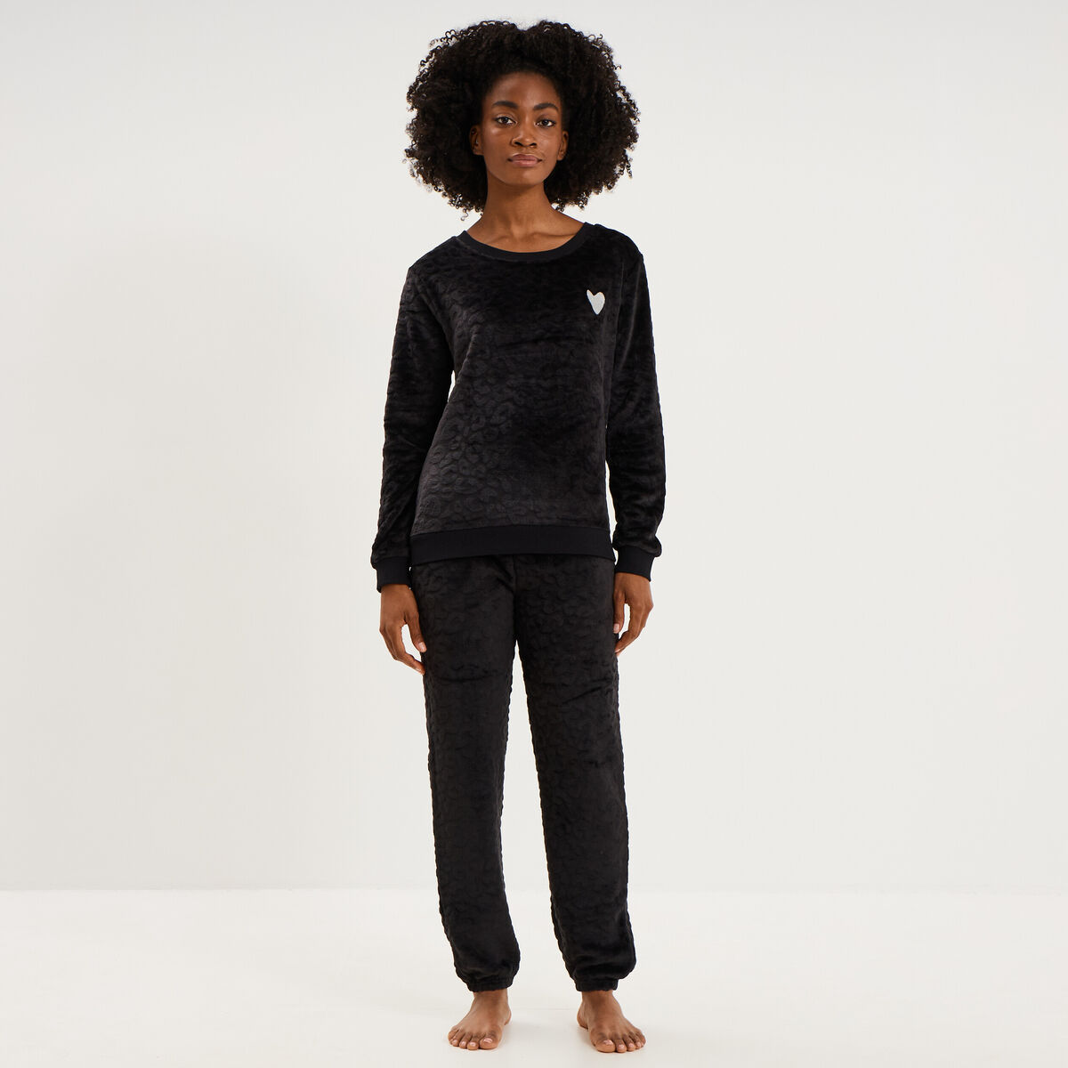 Ensemble pyjama effet polaire col rond noir femme