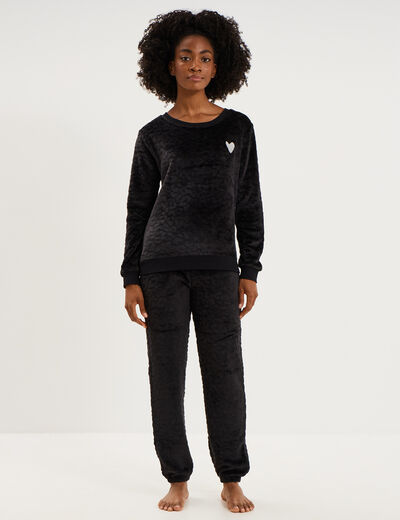 Ensemble pyjama effet polaire col rond noir femme