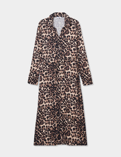 Robe chemise longue fluide ceinturée camel femme