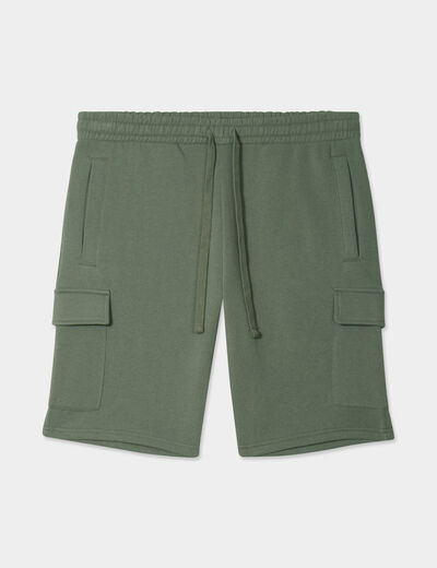 Bermuda cargo molleton taille &eacute;lastiqu&eacute;e vert kaki homme