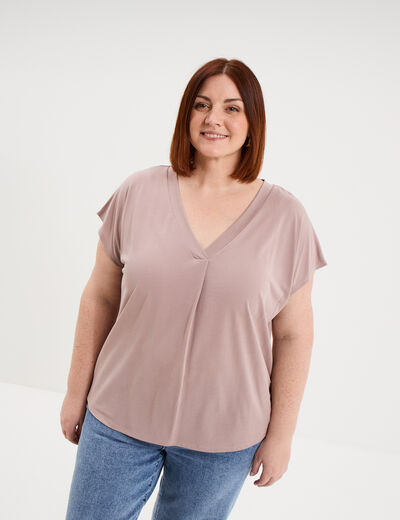 T-shirt col en V manches courtes marron clair femme grande taille