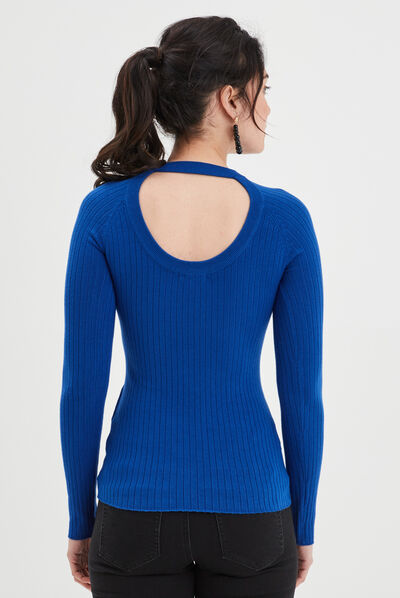 Pull ouverture dos et boutons épaules bleu electrique femme