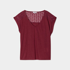 T-shirt col en V dentelle épaules et dos bordeaux femme