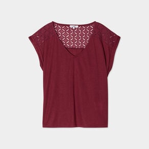 t shirt col en v dentelle epaules et dos bordeaux femme T-shirt col en V dentelle épaules et dos bordeaux femme
