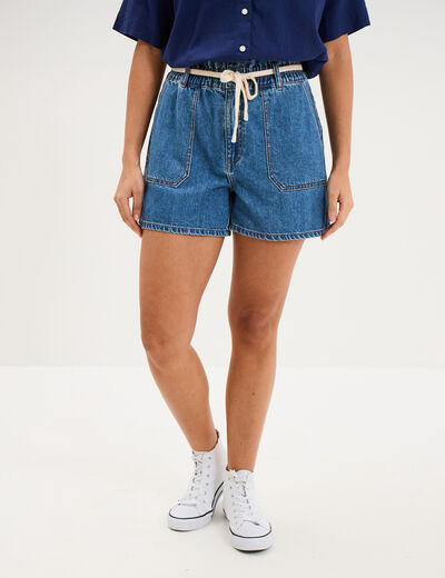 Short mom en jean ceinture cordon denim stone femme