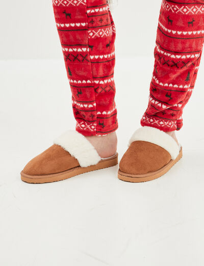 Chaussons mules col en fausse fourrure camel femme