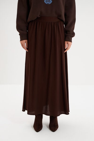 Jupe longue &eacute;vas&eacute;e taille &eacute;lastiqu&eacute;e marron fonc&eacute; femme