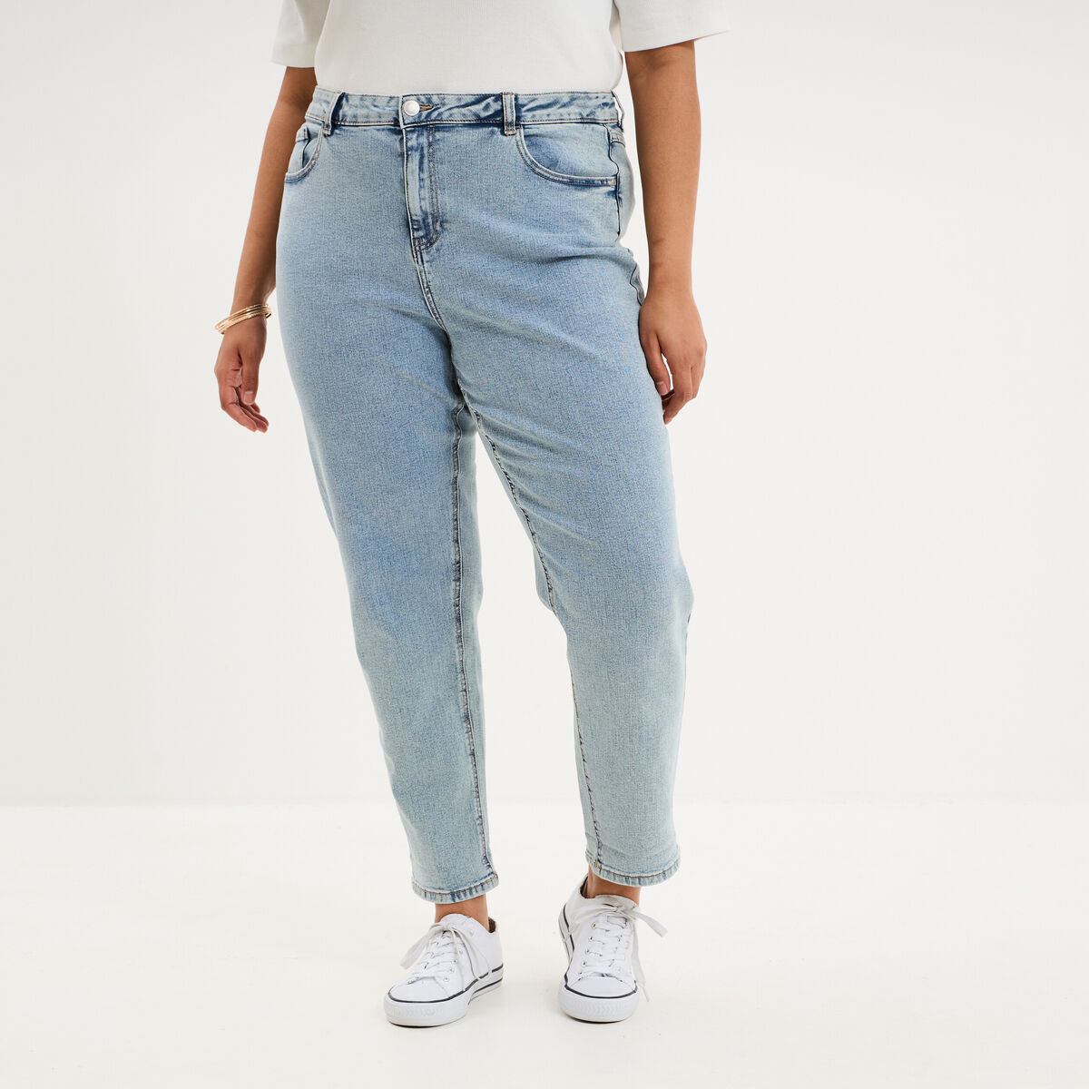 Jeans mom cropped taille haute denim double stone femme grande taille
