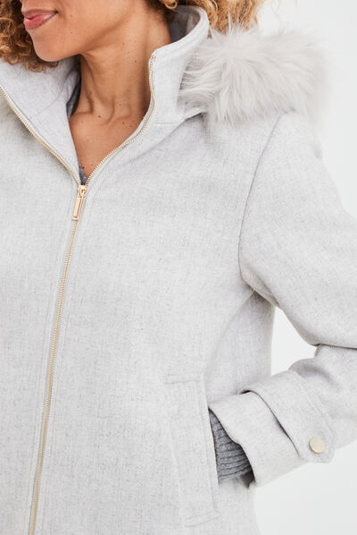 Manteau zippé à capuche fausse fourrure gris clair femme