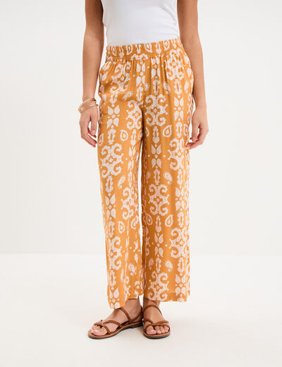Pantalon fluide large taille &eacute;lastiqu&eacute;e jaune ocre femme