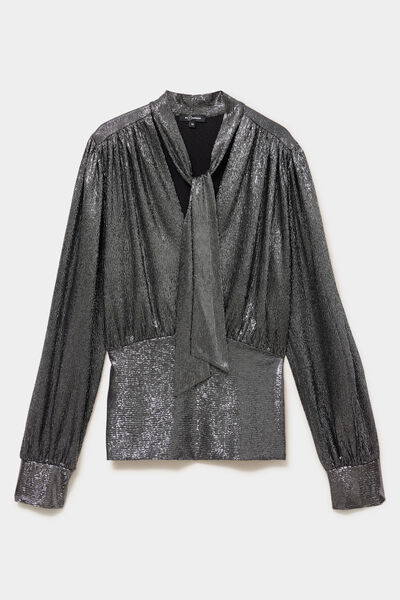 Blouse ajust&eacute;e col lavalli&egrave;re gris argent femme