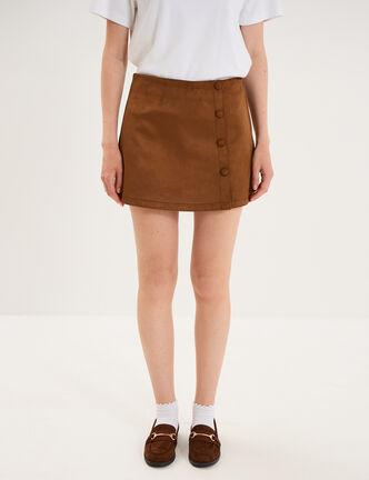 Mini-jupe short en su&eacute;dine boutonn&eacute;e camel femme