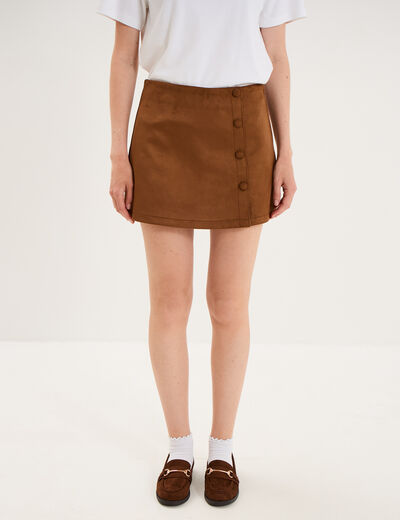 Mini-jupe short en su&eacute;dine boutonn&eacute;e camel femme