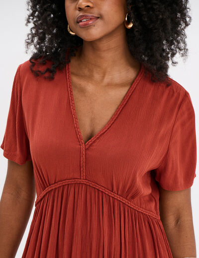 Robe midi fluide manches courtes marron cognac femme