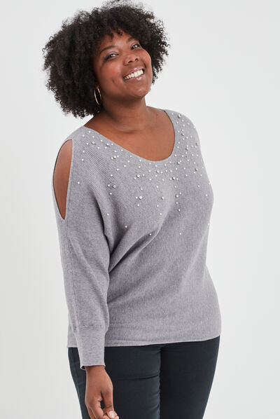 Pull perles strass manches avec fentes gris femme grande taille