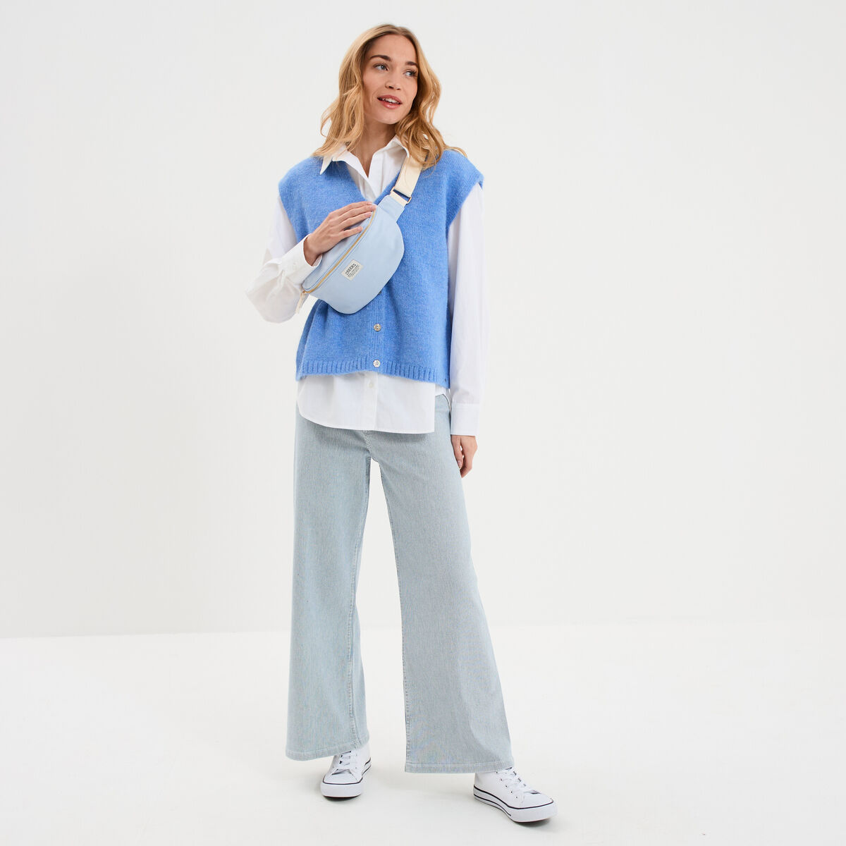 Pantalon flare cropped taille haute blanc femme