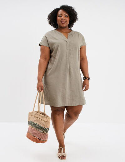 Robe droite genou col tunisien vert kaki femme grande taille