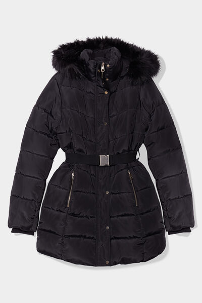 Doudoune ceinturée mi-longue à capuche noir femme