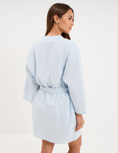 Peignoir court ceintur&eacute; gaze de coton bleu ciel femme