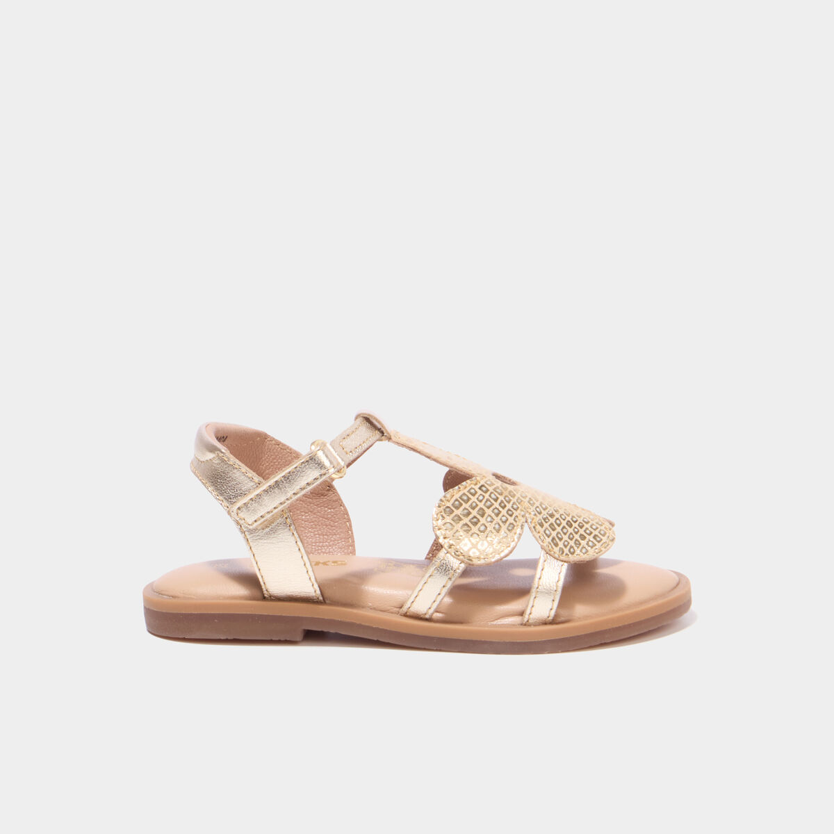 Sandales en cuir fleur bride scratch jaune or fille