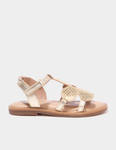 Sandales en cuir fleur bride scratch jaune or fille