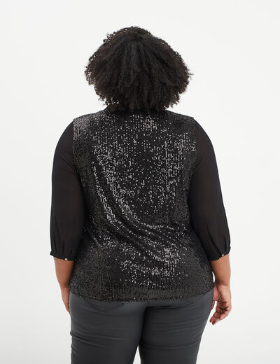 Blouse sequins manches 3/4 transparentes noir femme grande taille