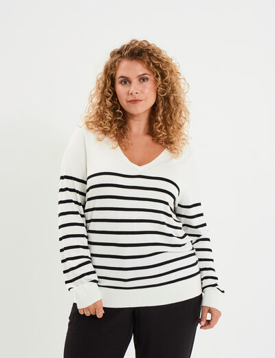 Pull col en V manches longues ecru femme grande taille