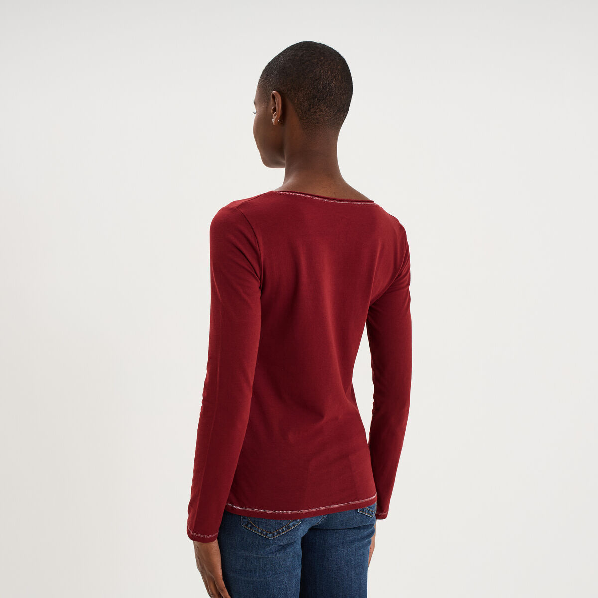 T-shirt manches longues col en V coton bordeaux femme