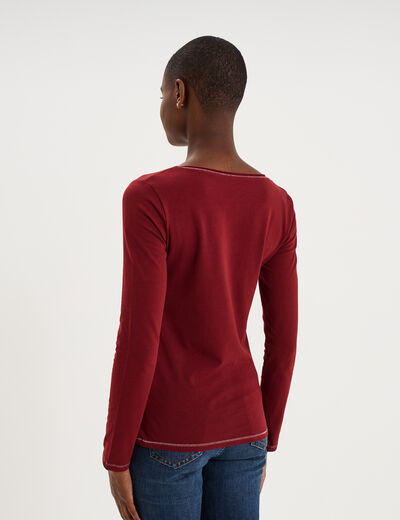 T-shirt manches longues col en V coton bordeaux femme
