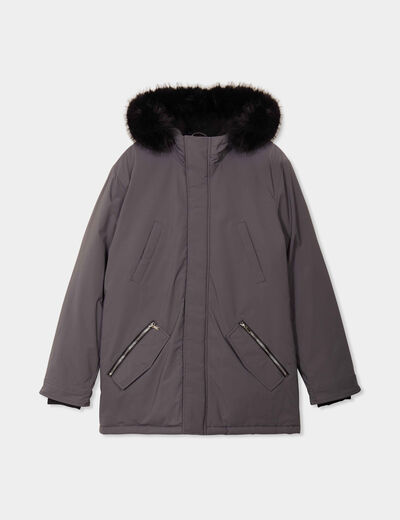 Parka à capuche fausse fourrure amovible gris foncé homme
