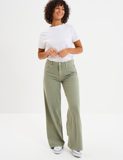 Jeans large taille haute coton vert kaki femme
