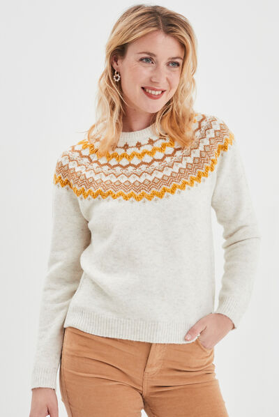 Pull jacquard col rond Creeks blanc femme