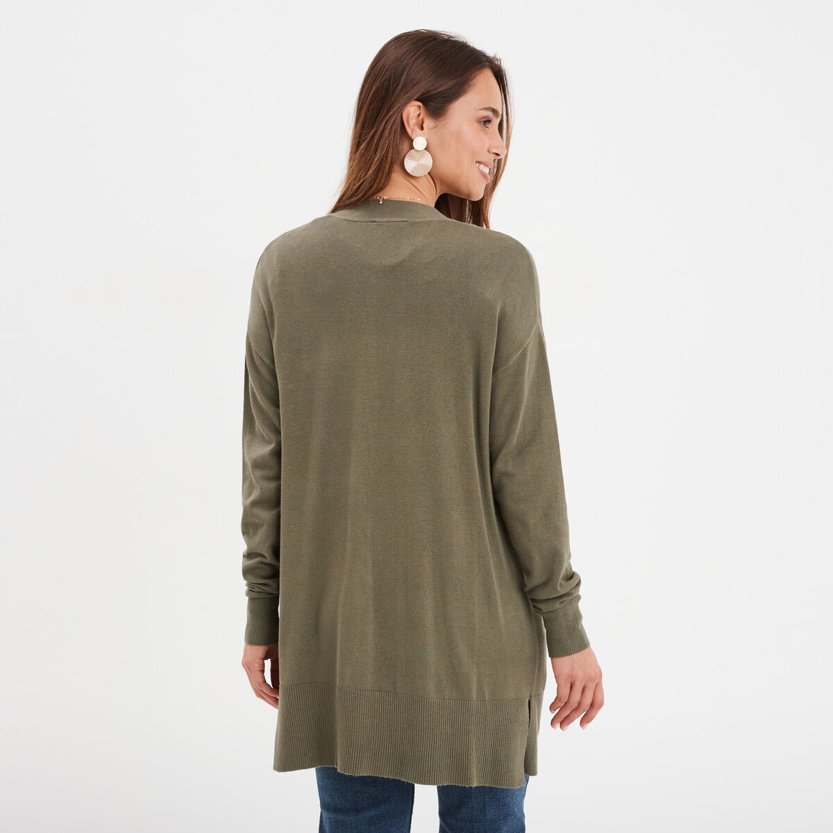Gilet mi-long manches longues vert kaki femme