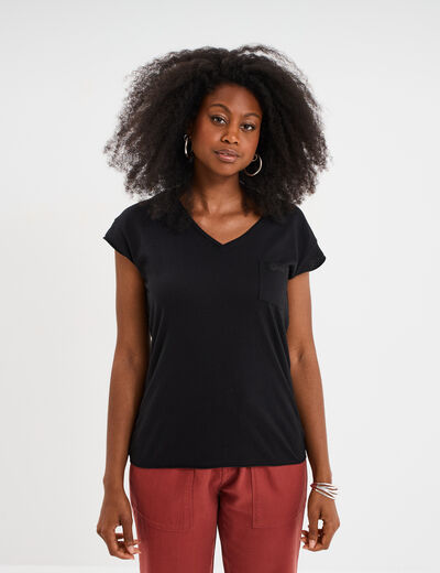 T-shirt col v poche poitrine Creeks noir femme