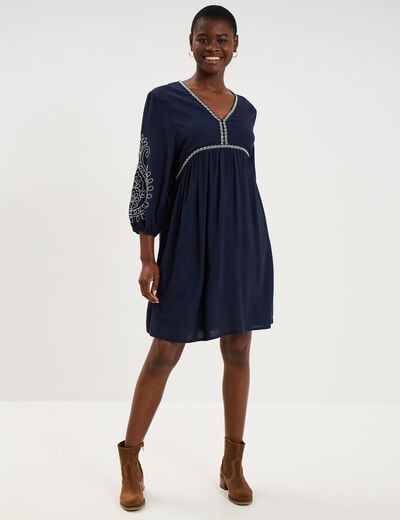 Robe courte brod&eacute;e manches 3/4 bleu fonc&eacute; femme