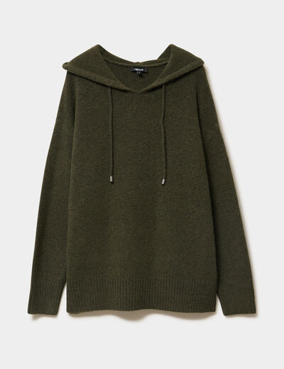 Pull &agrave; capuche manches longues vert kaki femme