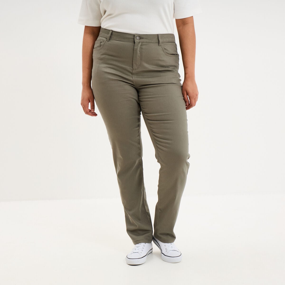 Pantalon droit taille haute extensible vert kaki femme grande taille