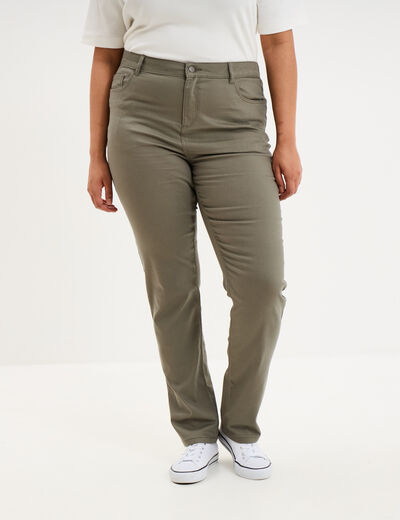 Pantalon droit taille haute extensible vert kaki femme grande taille