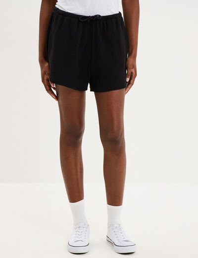 Short droit effet gaufr&eacute; coton noir femme