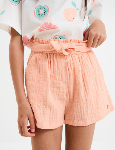 Short droit avec noeud en gaze de coton rose saumon fille