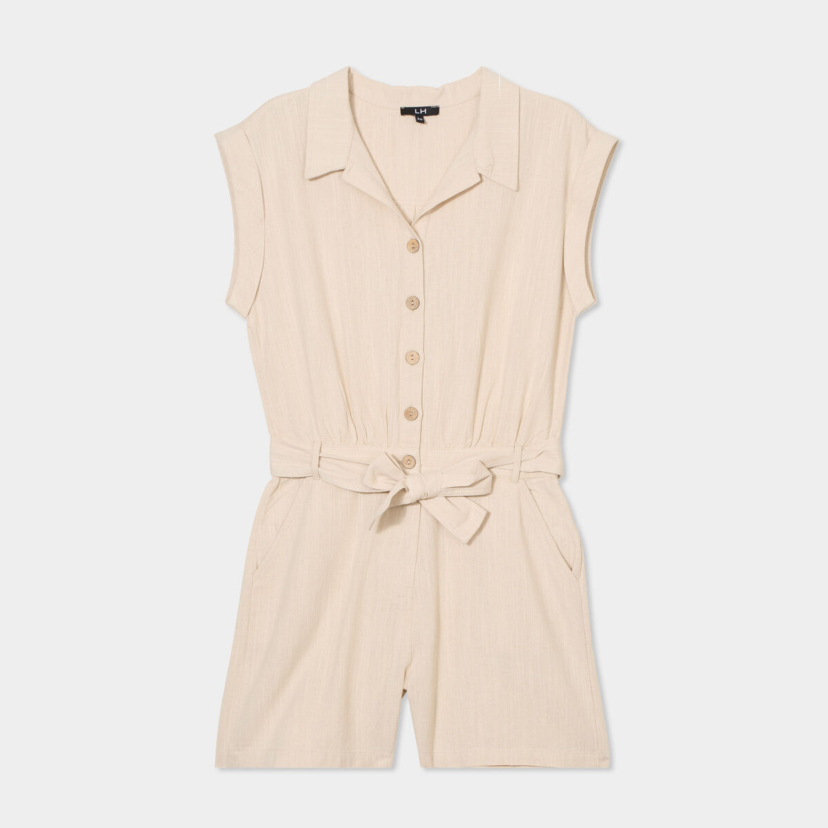Combishort col chemise ceintur&eacute;e beige femme