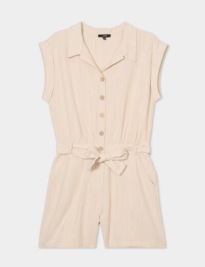 Combishort col chemise ceintur&eacute;e beige femme