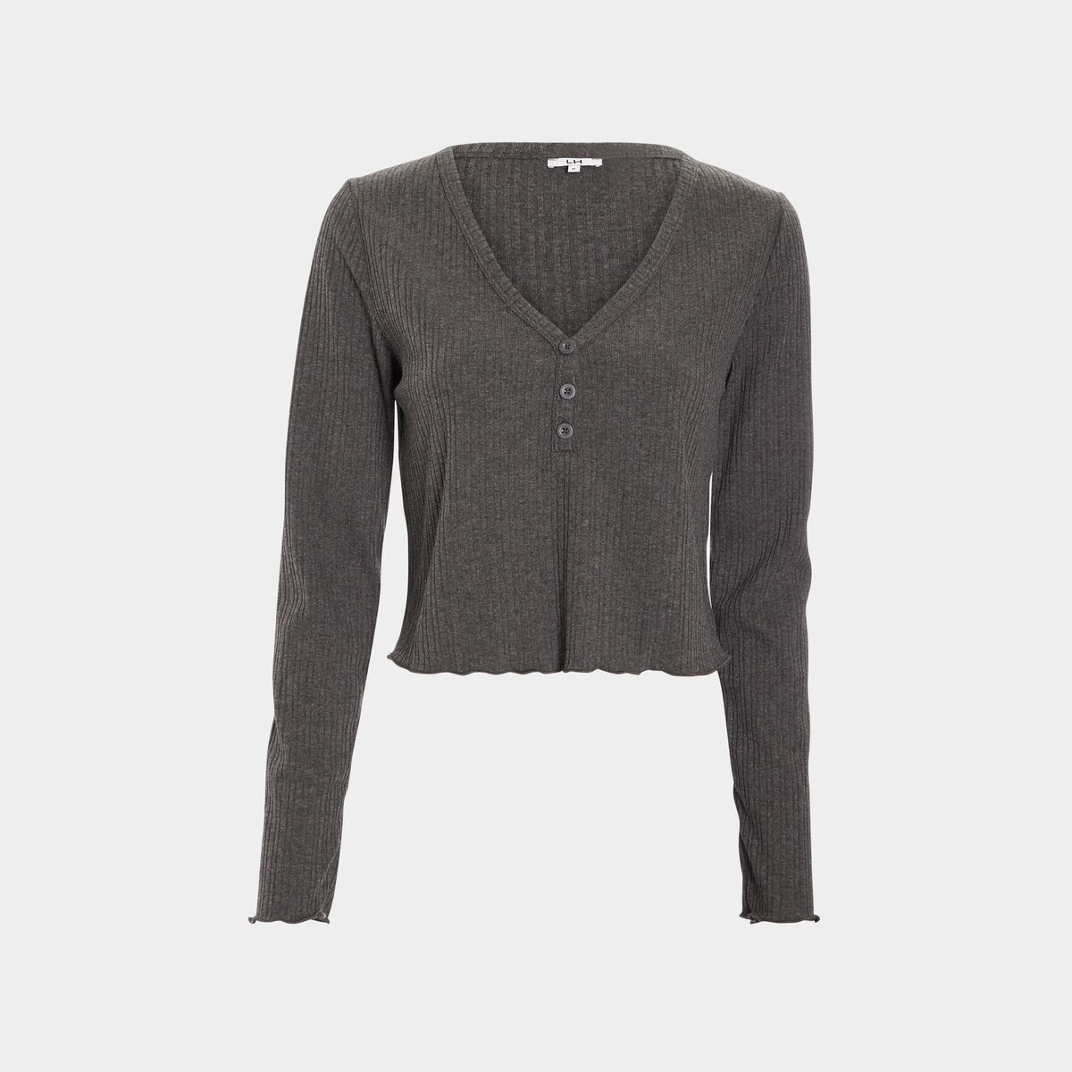 T-shirt côtelé avec col en V gris foncé femme