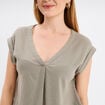 Blouse col V manches courtes lin m&eacute;lang&eacute; vert kaki femme