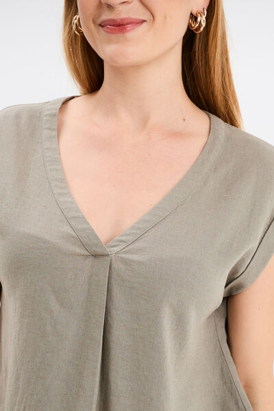 Blouse col V manches courtes lin m&eacute;lang&eacute; vert kaki femme