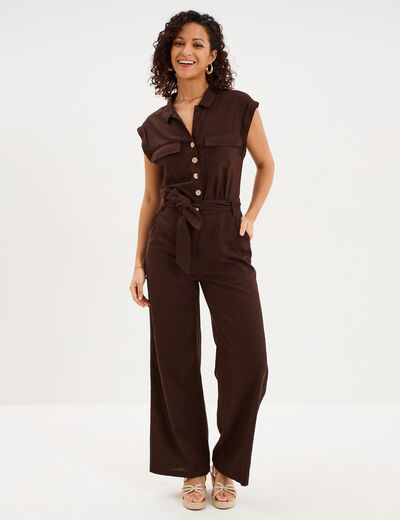 Combinaison pantalon lin m&eacute;lang&eacute; marron fonc&eacute; femme