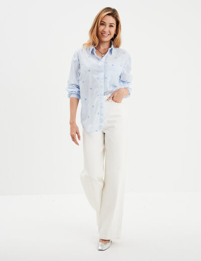 Chemise droite brod&eacute;e coton bleu clair femme
